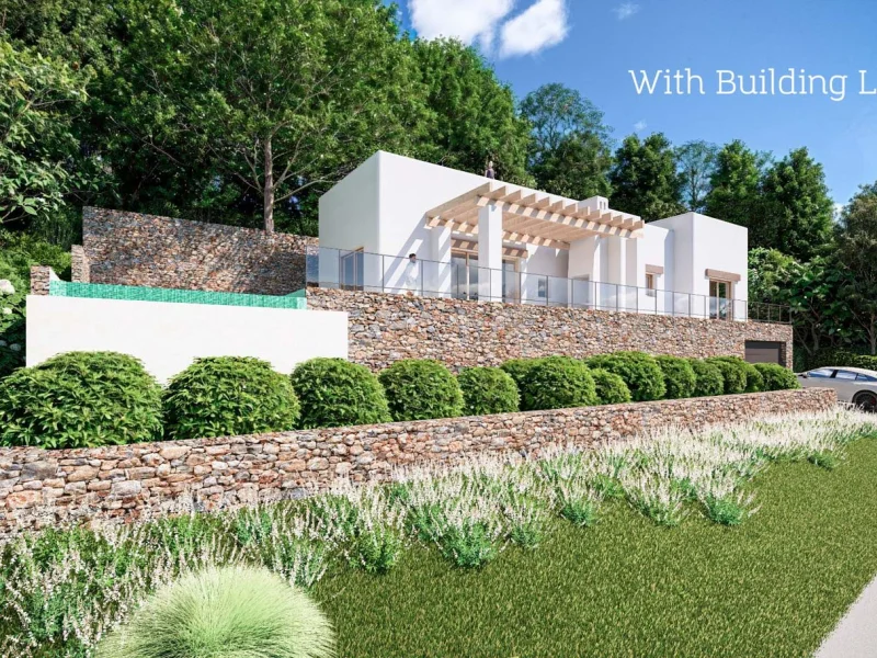 Villa de estilo ibicenco en Jávea con vistas al mar y piscina