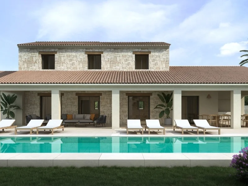 Villa de obra nueva estilo finca en Moraira, Benimeit con piscina