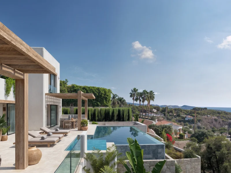 Villa de estilo Ibiza con vistas al mar en Benissa, Racó de Galeno