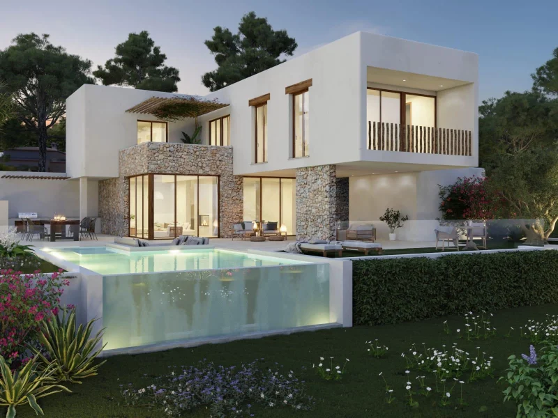 Villa de estilo ibicenco en Jávea con piscina infinity y vistas al valle