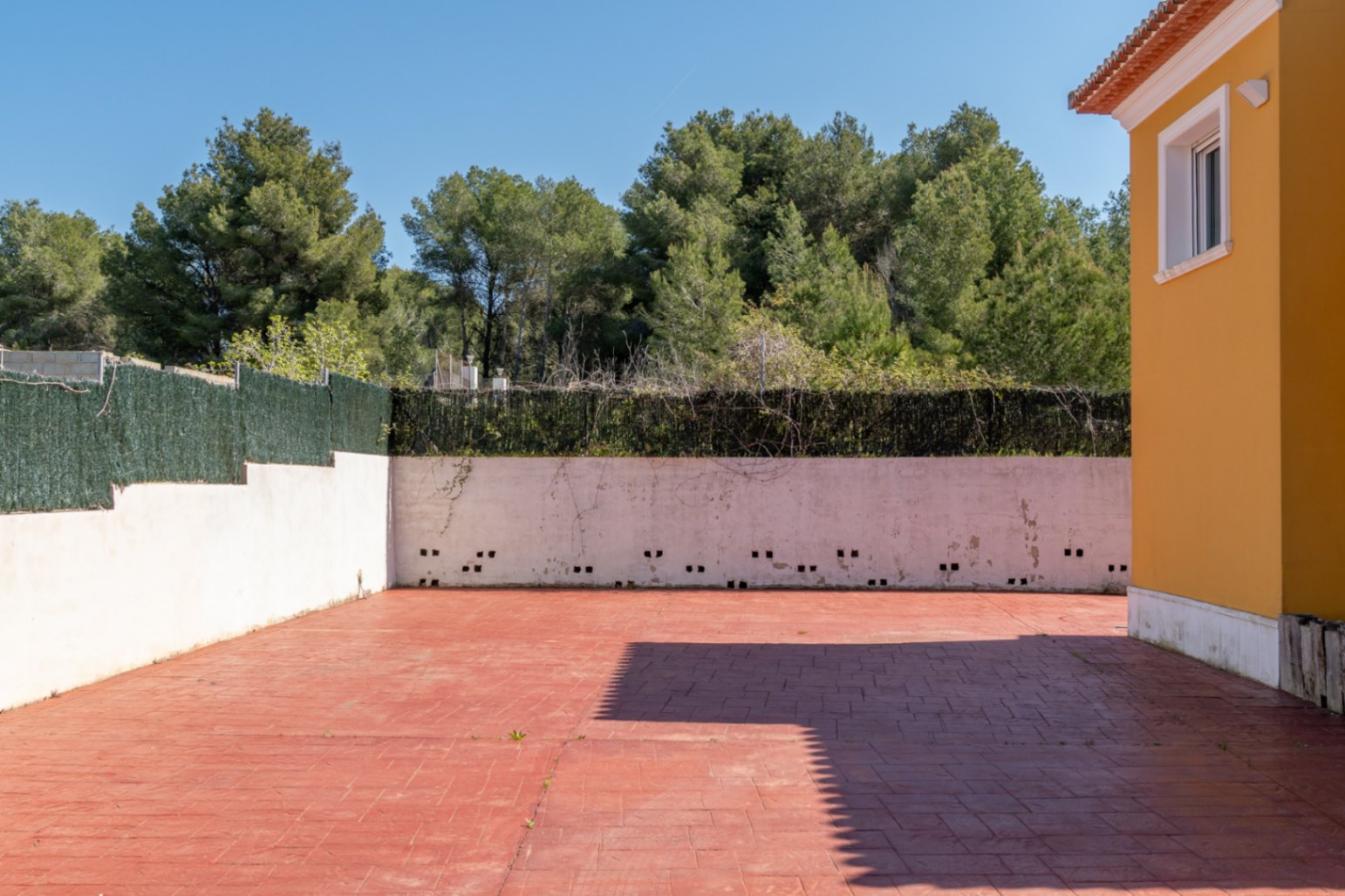 Amplio patio exterior con suelo de hormigón impreso en tono rojizo, delimitado por muros perimetrales y rodeado de una densa zona boscosa de pinos.