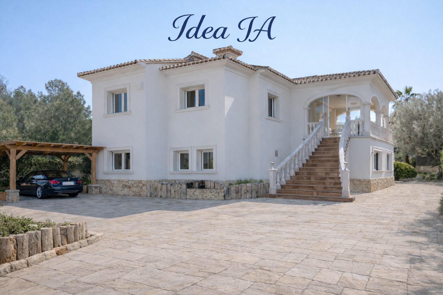 Fachada principal de la villa con escalinata señorial, porche arqueado y amplia zona de aparcamiento pavimentada junto a un porche de madera para vehículos.