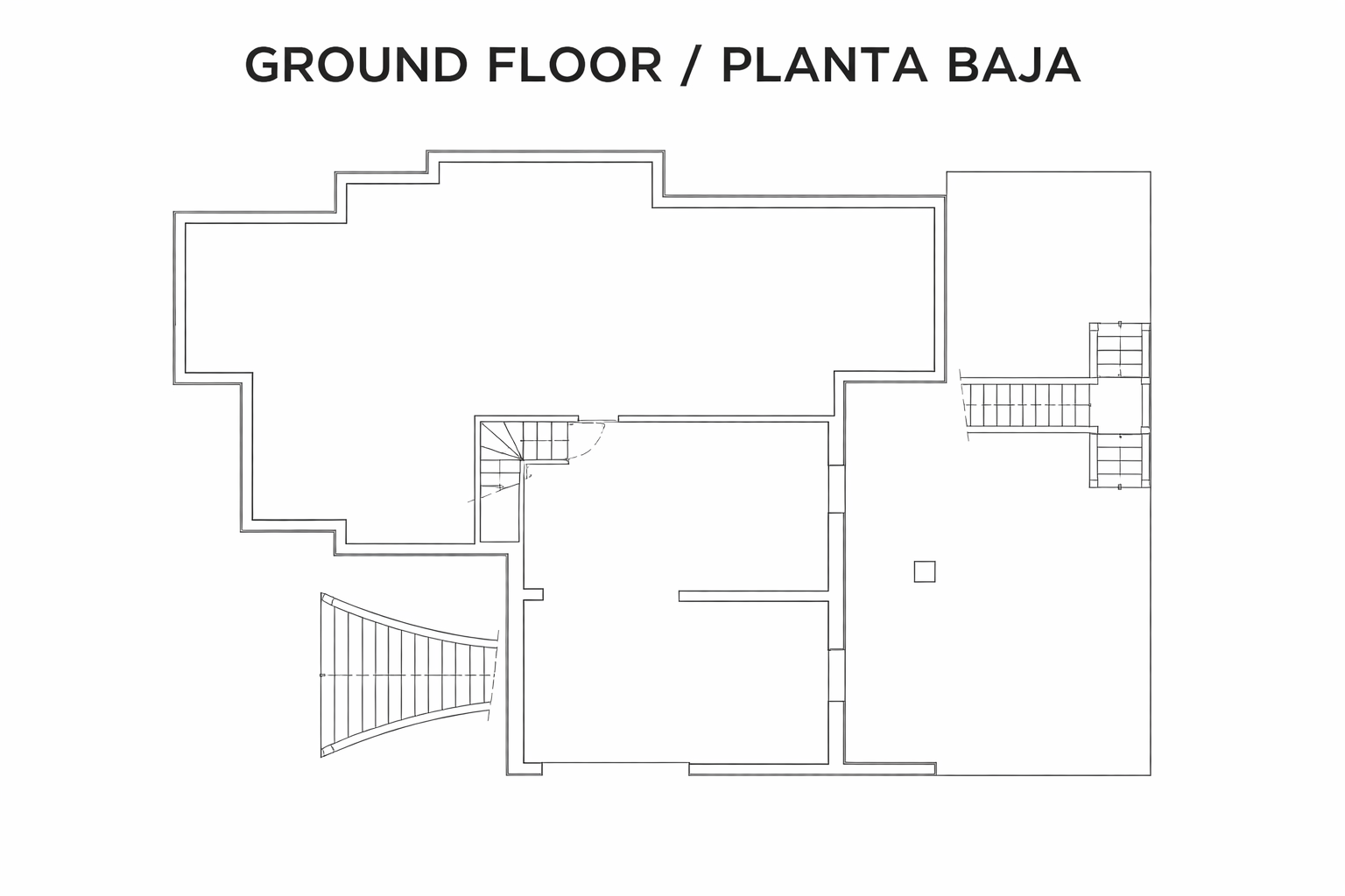 Plano arquitectónico detallado de la planta baja que muestra la distribución de espacios interiores, accesos y escaleras de la vivienda.