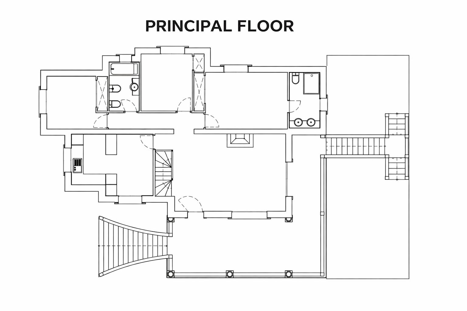 Plano detallado de la planta principal que muestra la distribución de dormitorios, baños, cocina y el amplio salón con chimenea conectado al porche exterior.