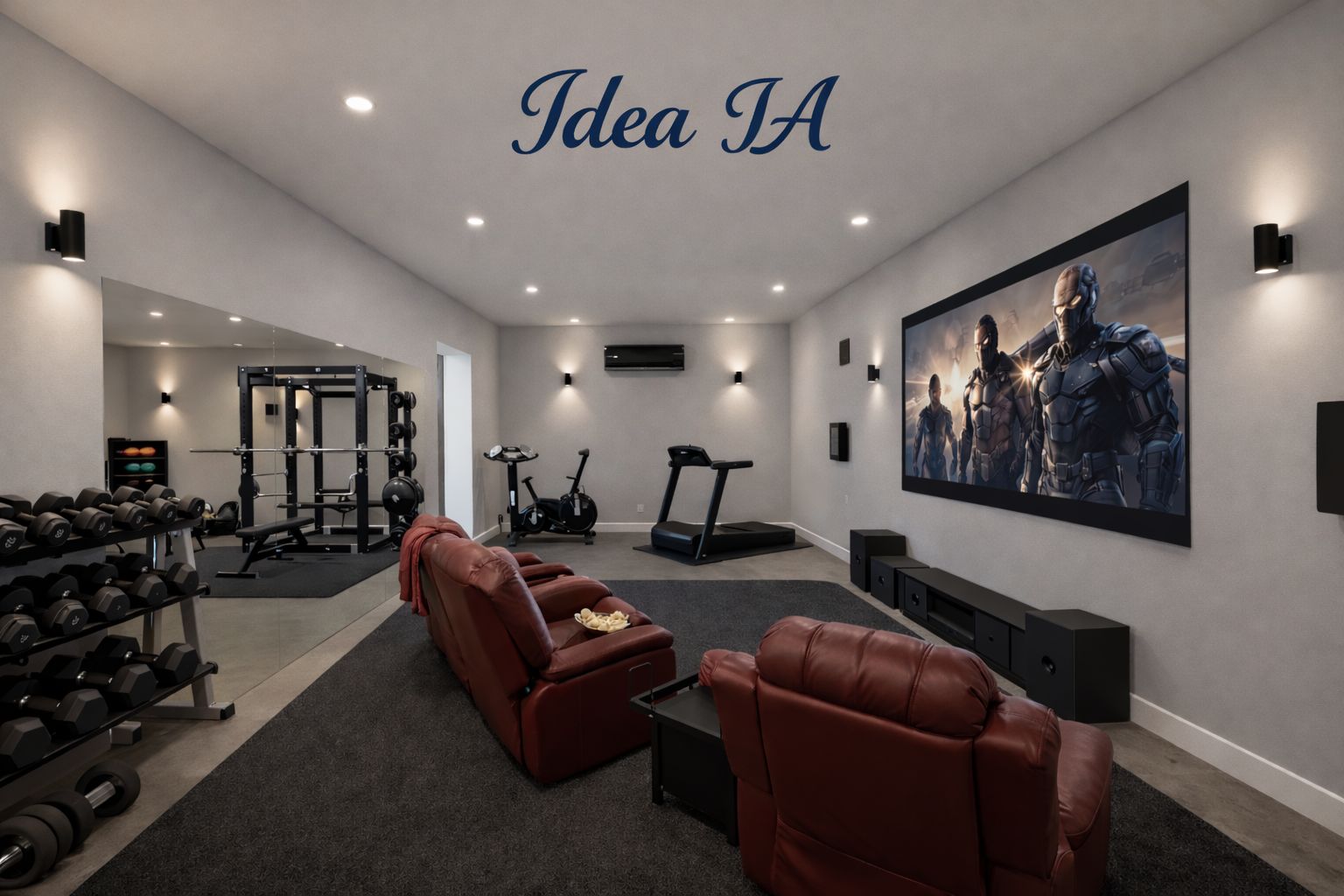 Sala polivalente de cine y gimnasio con pantalla de gran formato, sillones de cuero rojo y equipamiento deportivo completo bajo iluminación técnica empotrada.
