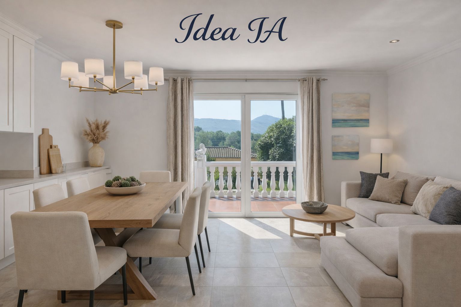 Salón comedor de concepto abierto con mobiliario de madera, suelos cerámicos y acceso directo a una terraza con balaustrada blanca y vistas a las montañas.