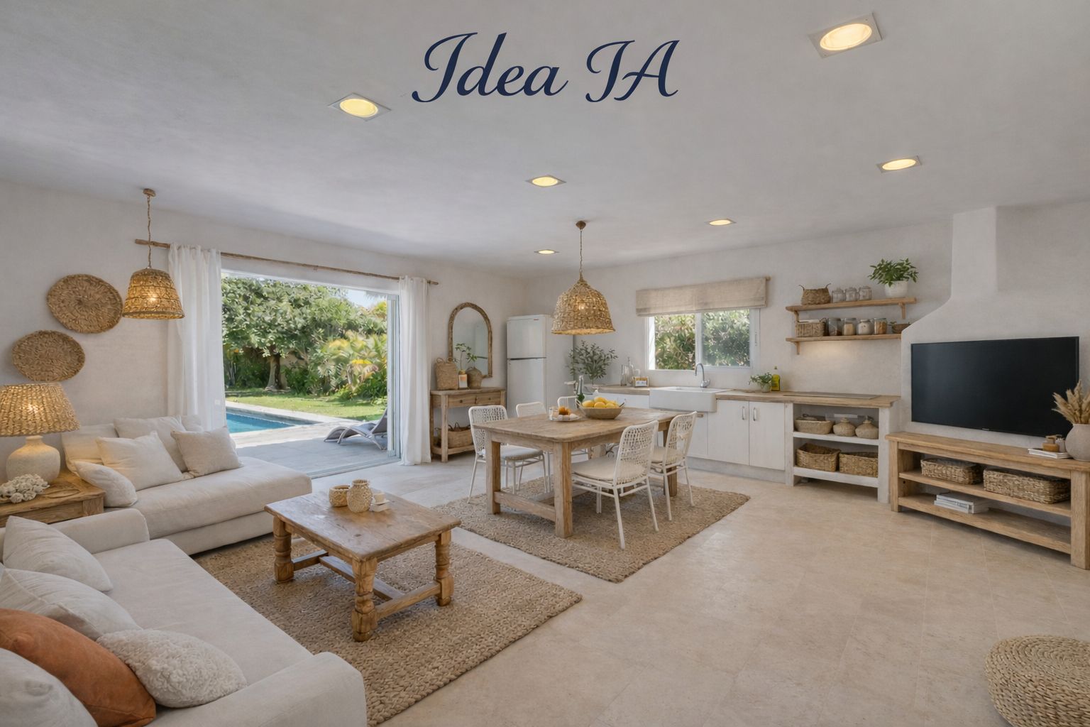 Salón-comedor diáfano de estilo mediterráneo con mobiliario de madera natural y alfombras de yute. El gran ventanal conecta el interior con la piscina y el jardín exterior.