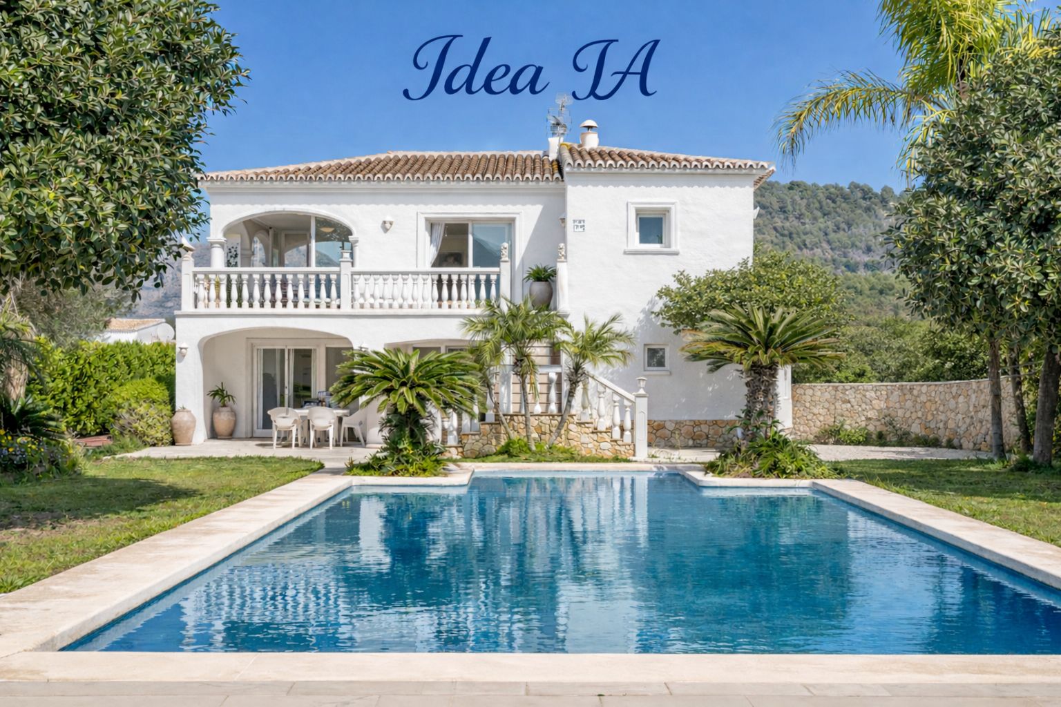 Villa blanca de estilo mediterráneo con gran piscina rectangular, rodeada de jardines con palmeras y vistas despejadas a las montañas.