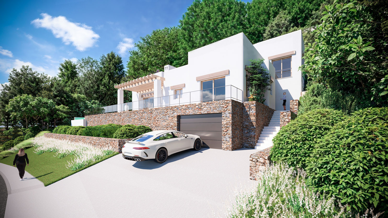 Fachada exterior de estilo ibicenco con muros de piedra natural, garaje integrado y terraza superior con pérgola de madera y barandillas de cristal.