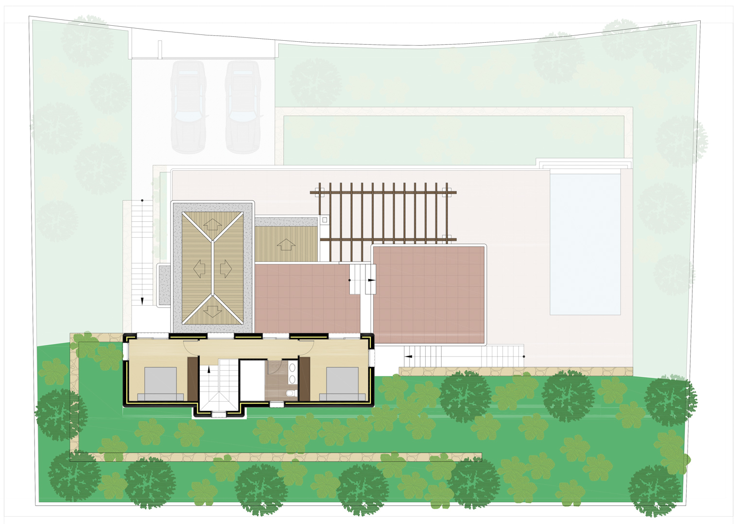 Plano de planta y emplazamiento que detalla la distribución de la villa, incluyendo la piscina, zona de aparcamiento, terrazas con pérgola y el diseño interior de los dormitorios.