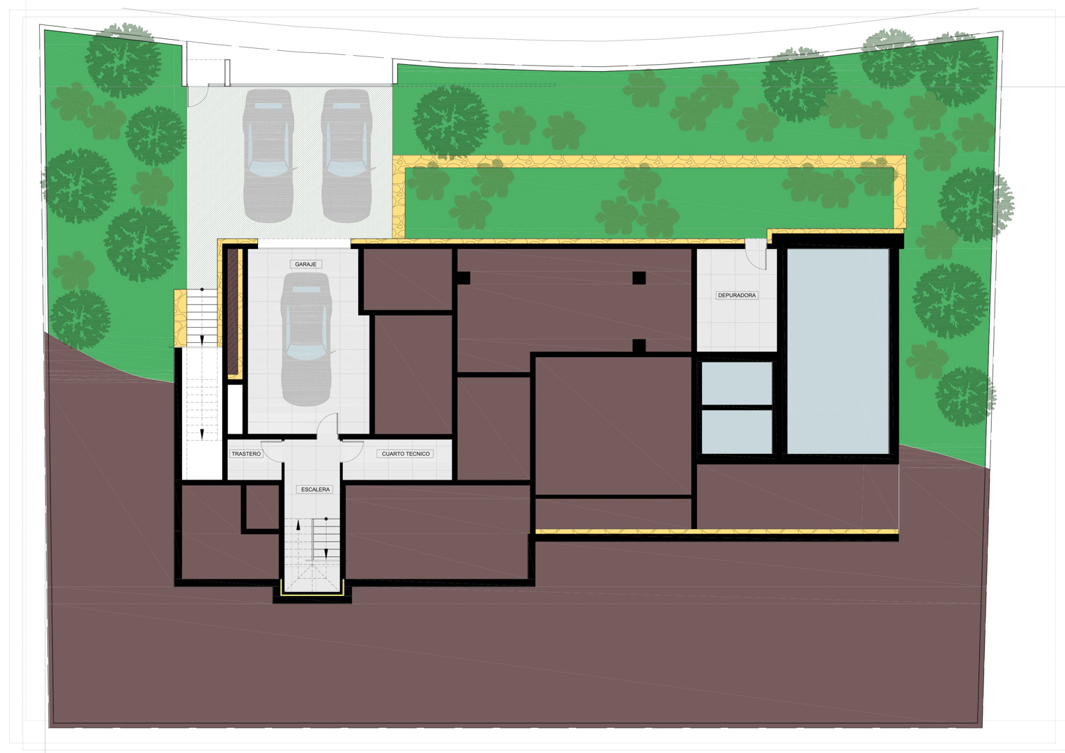 Plano técnico de la planta sótano que detalla el garaje, trastero, cuarto técnico y la zona de depuración junto a la piscina y áreas ajardinadas.