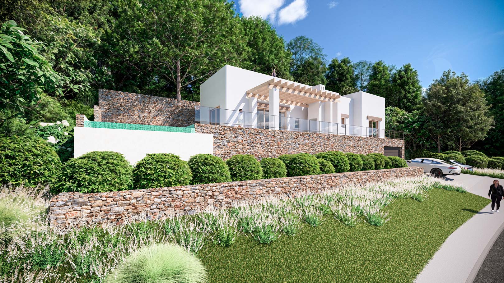 Vista exterior de la villa con muros de piedra natural, pérgola de madera y una piscina de borde infinito integrada en el entorno paisajístico.