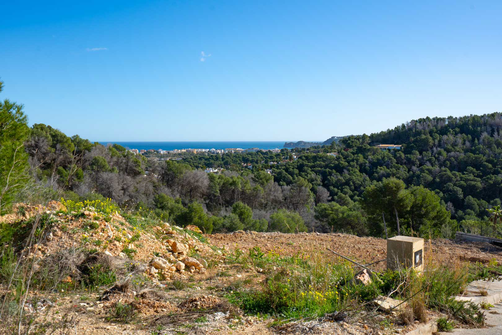 Vistas panorámicas al mar y al entorno natural desde la parcela elevada, rodeada de un frondoso bosque de pinos mediterráneos bajo un cielo despejado.