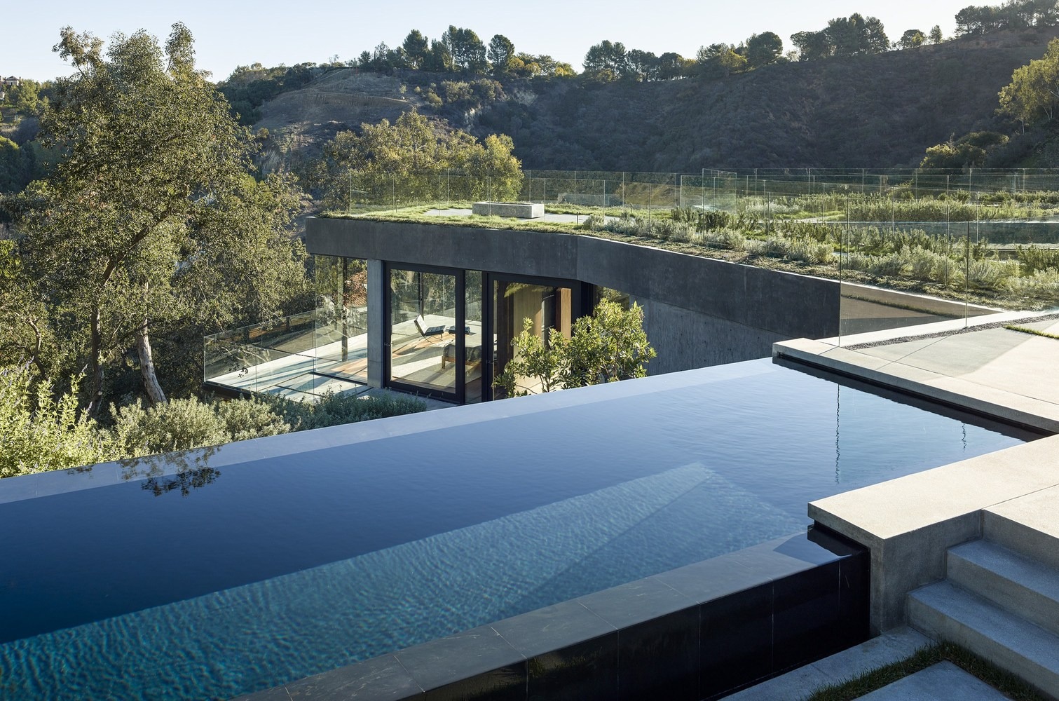 Vista exterior de una villa moderna con piscina infinita de tonos oscuros, cubierta vegetal transitable y amplios ventanales integrados en el paisaje natural.