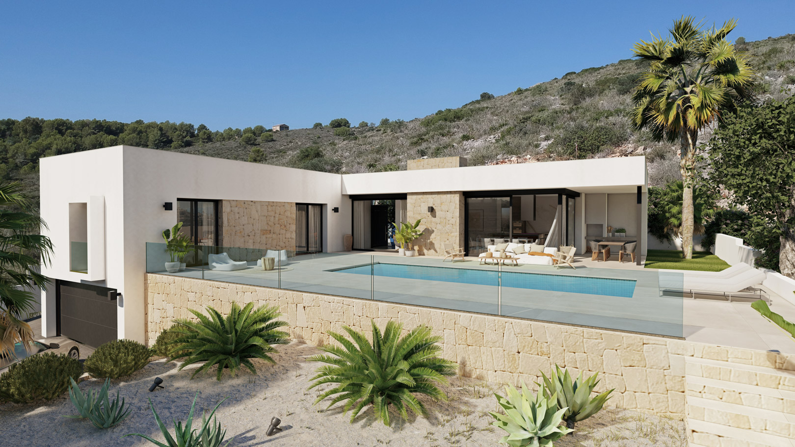 Villa moderna en forma de L con muros de piedra natural, piscina rectangular con barandilla de cristal y amplia terraza frente a un entorno mediterráneo.