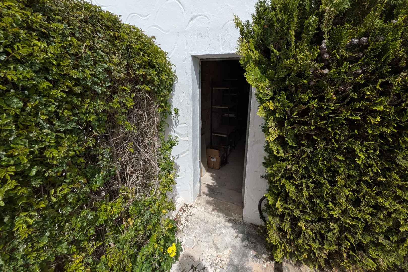 Entrada a un trastero exterior independiente flanqueado por vegetación madura. El interior cuenta con estanterías metálicas para optimizar el almacenamiento.