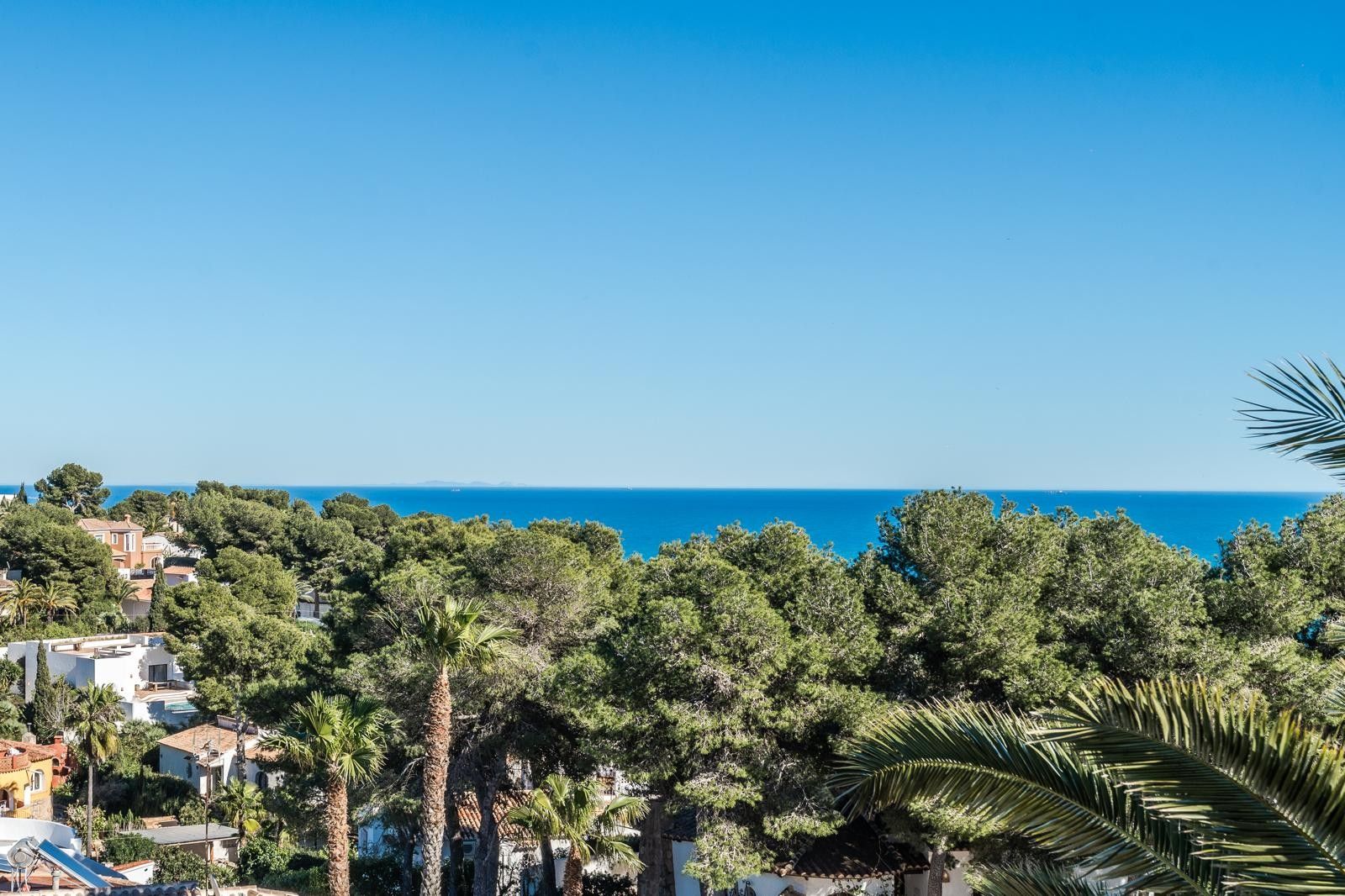 Vistas panorámicas al mar Mediterráneo sobre un entorno de pinos y palmeras desde la zona elevada de Balcón al Mar en Jávea.