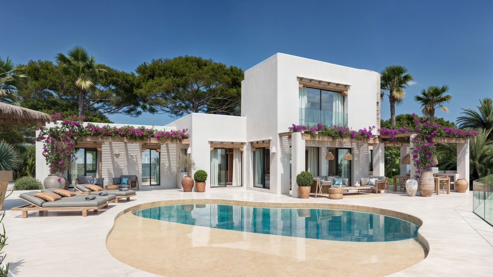 Exterior de la villa de estilo ibicenco con piscina orgánica, pérgolas de madera con buganvillas y amplias terrazas de piedra rodeadas de vegetación mediterránea.