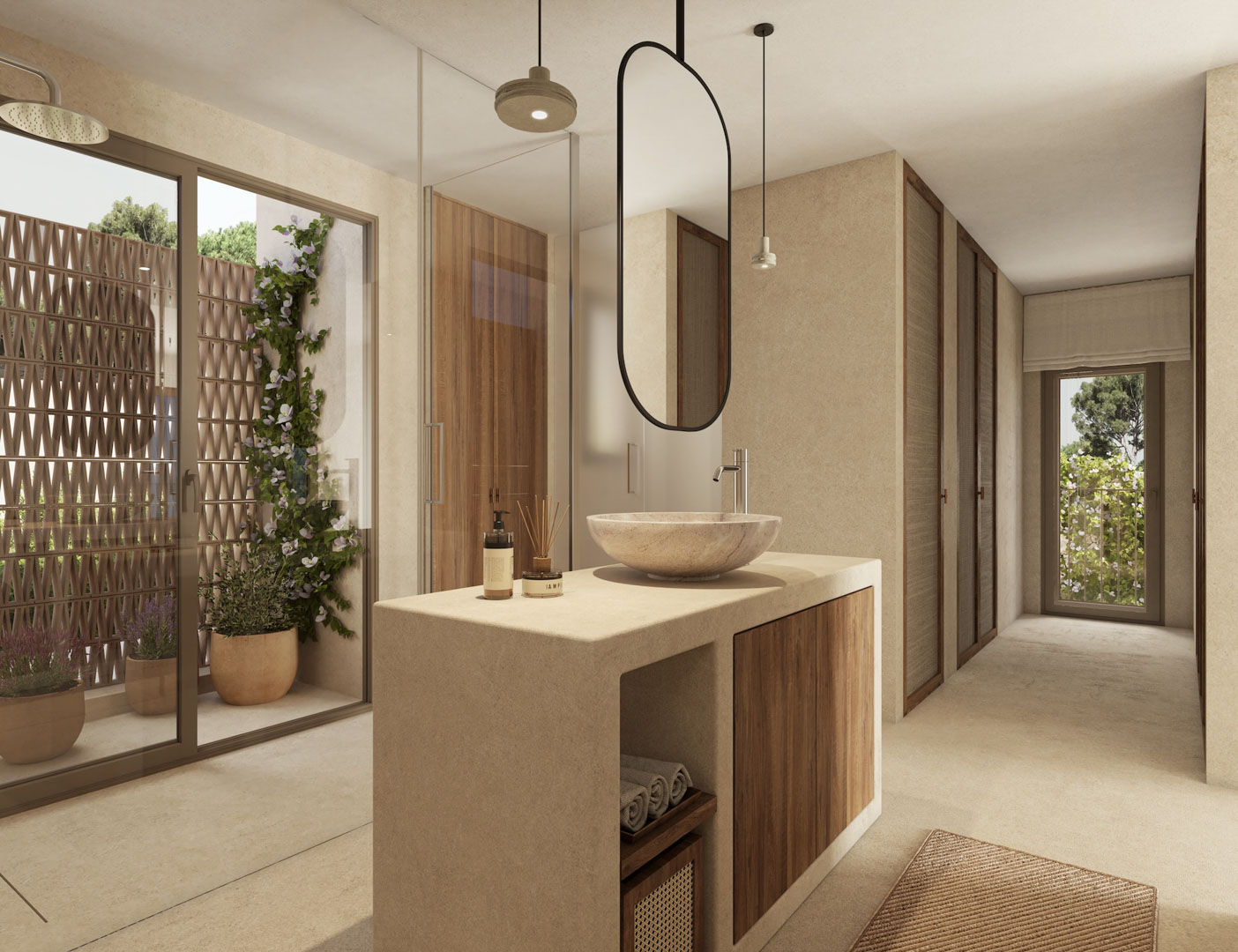 Baño de diseño con lavabo de piedra sobre isla de microcemento, espejo suspendido y conexión directa a una terraza privada con celosía decorativa y vegetación.
