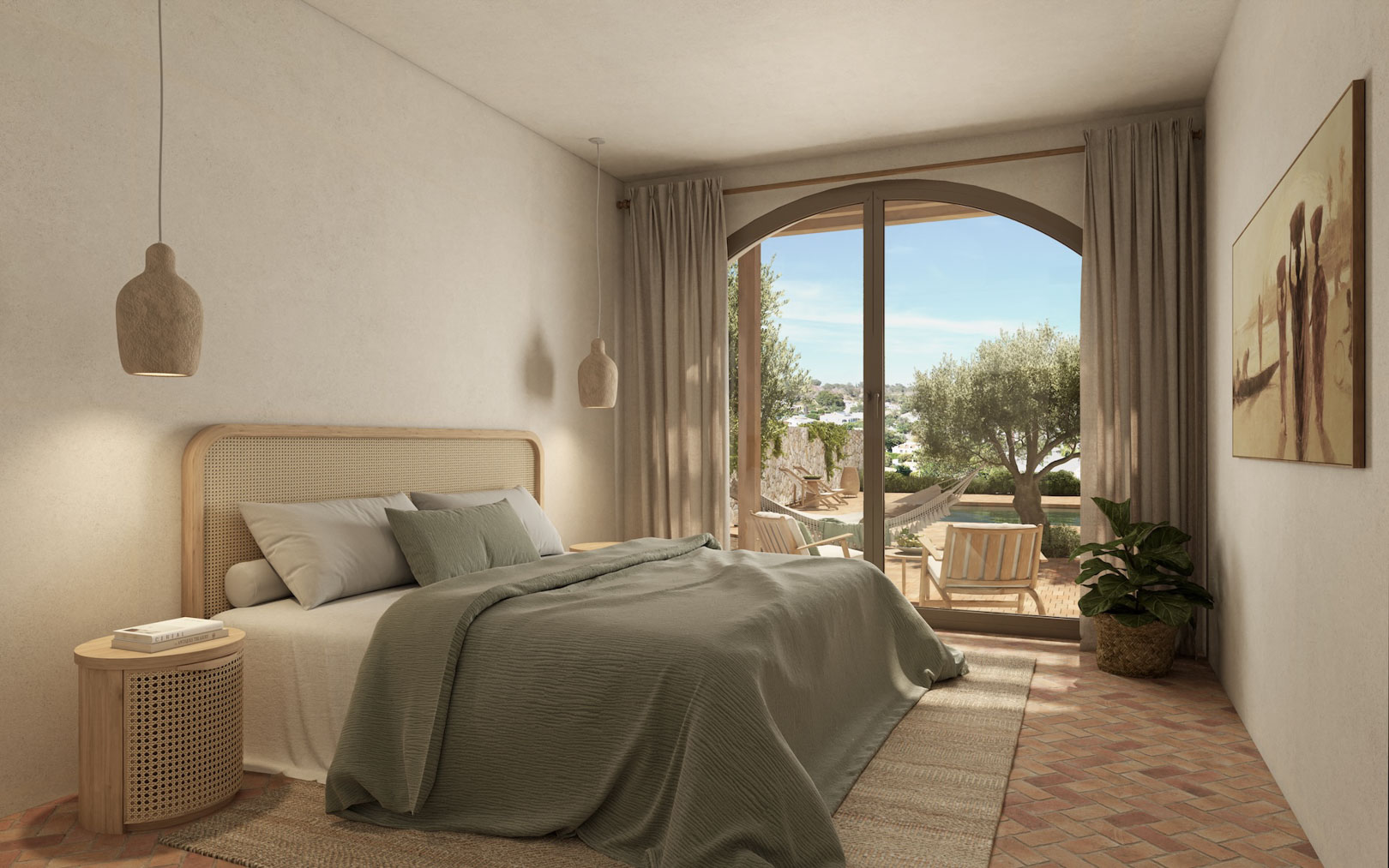 Dormitorio con suelos de barro cocido, cabecero de rejilla y acceso directo a través de un arco acristalado a la terraza privada con vistas al jardín y la piscina.