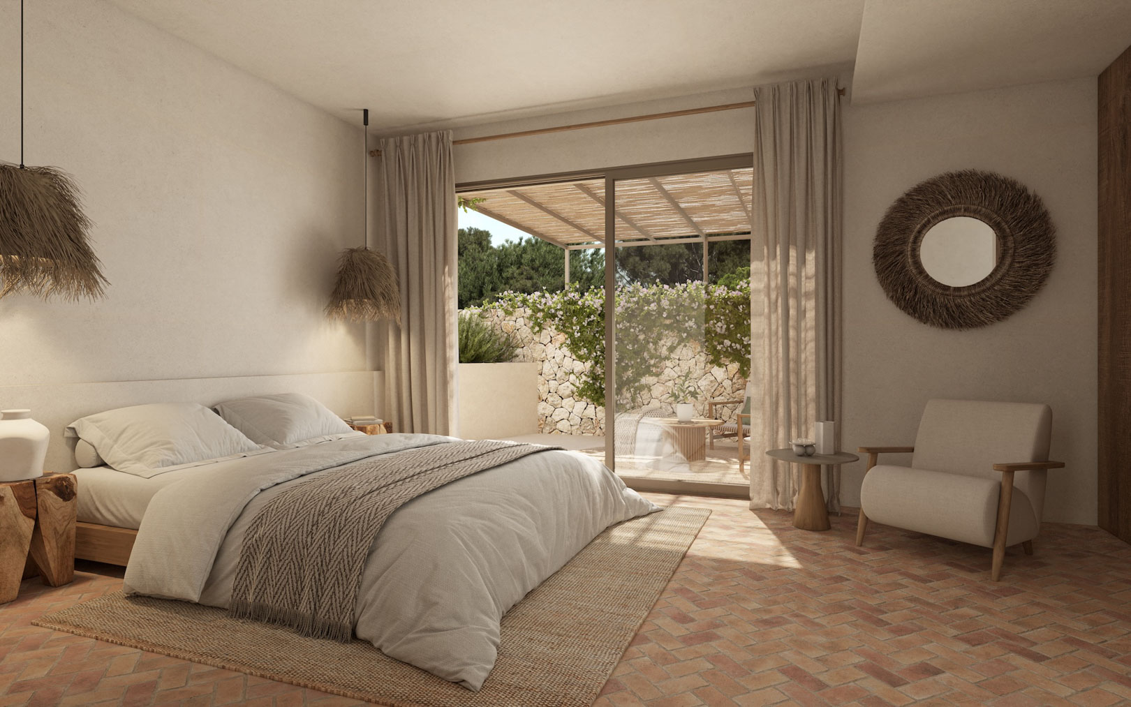 Dormitorio mediterráneo con suelo de terracota en espiga, lámparas de fibras naturales y acceso a una terraza privada con pérgola de madera y muros de piedra.