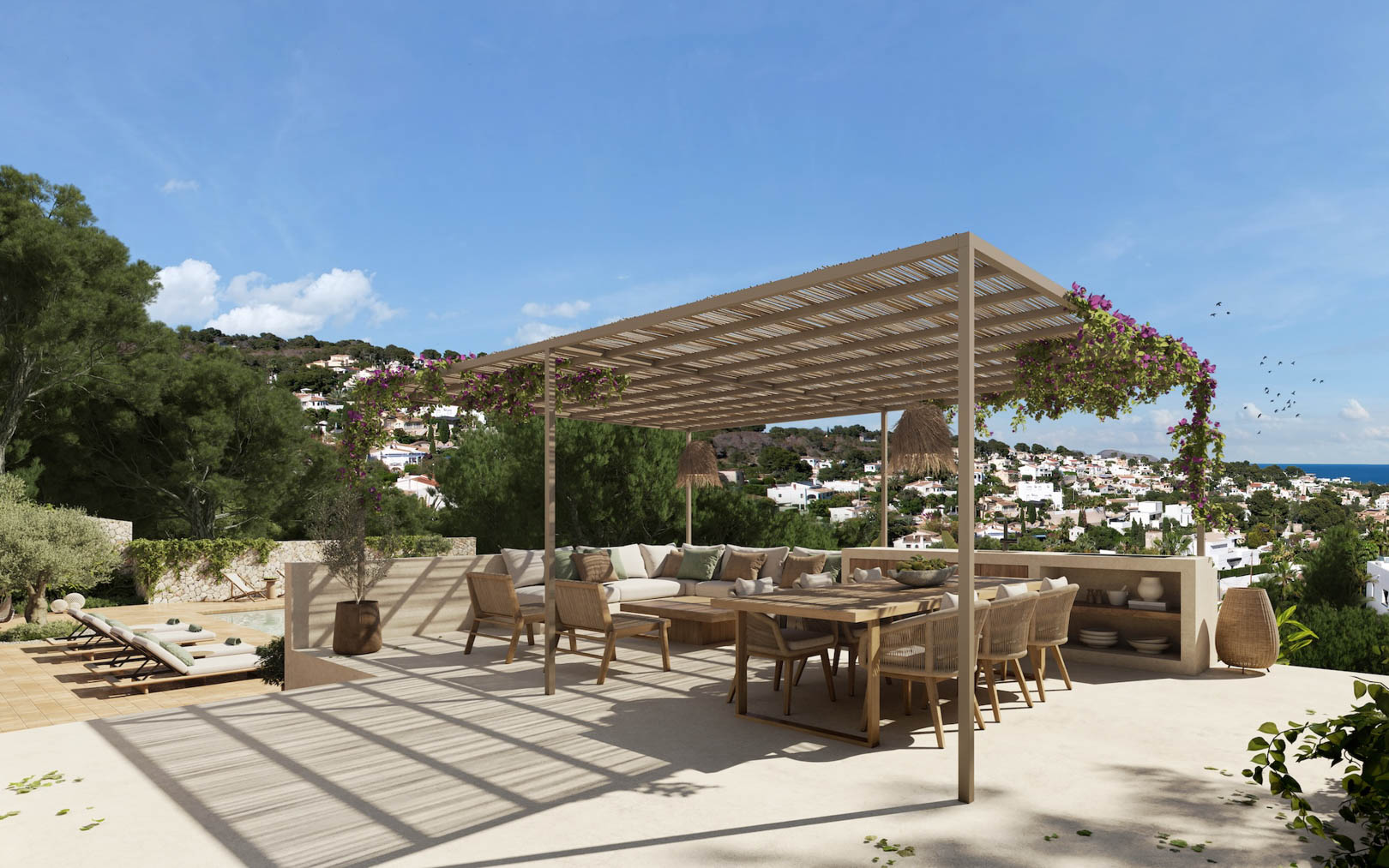 Terraza elevada con pérgola de madera y buganvilias, que integra un comedor exterior y zona lounge con vistas despejadas hacia la costa de Benissa.