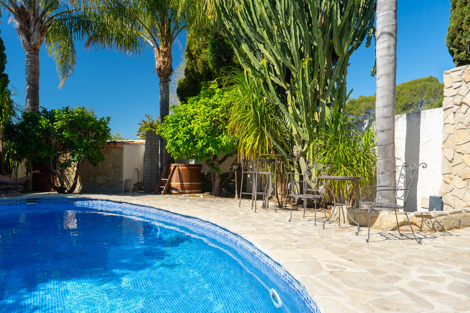 Zona de piscina con terraza de piedra natural, mobiliario de hierro forjado y vegetación mediterránea que incluye cactus de gran tamaño y palmeras.