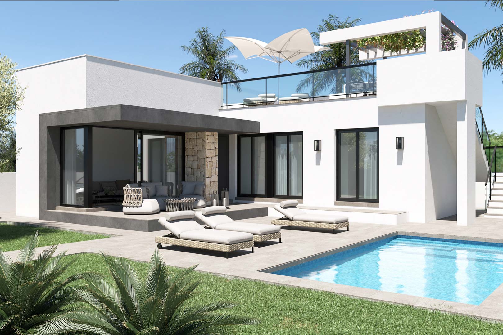 Exterior de villa moderna con piscina, terraza de gres porcelánico, porche cubierto con detalles en piedra y solárium superior con barandillas de cristal.