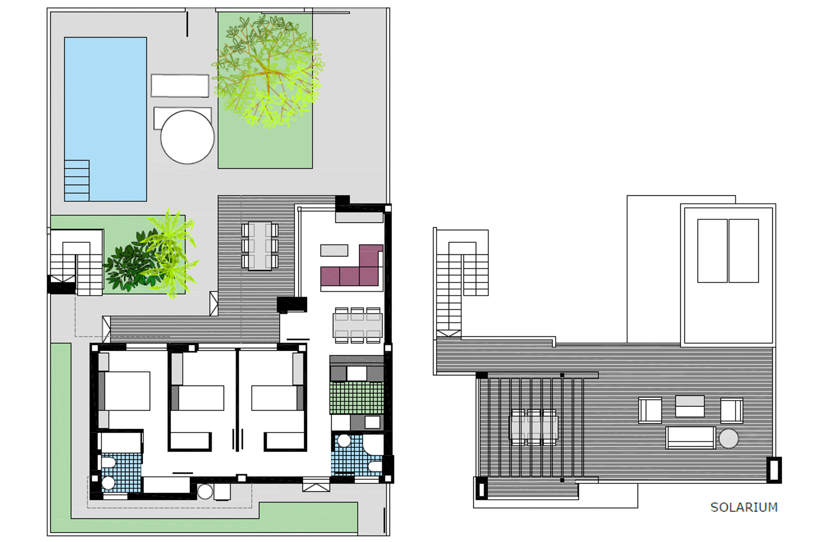 Plano detallado de la vivienda que muestra la distribución de 3 dormitorios, salón-comedor abierto y un amplio solarium superior con pérgola y zonas de descanso.