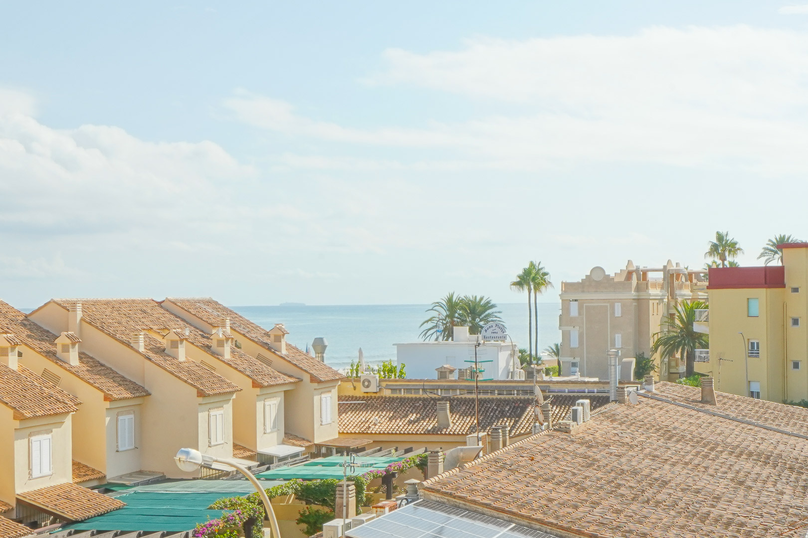 Vista elevada de tejados mediterráneos con tejas de terracota y palmeras, con vistas al mar en el horizonte bajo un cielo despejado.