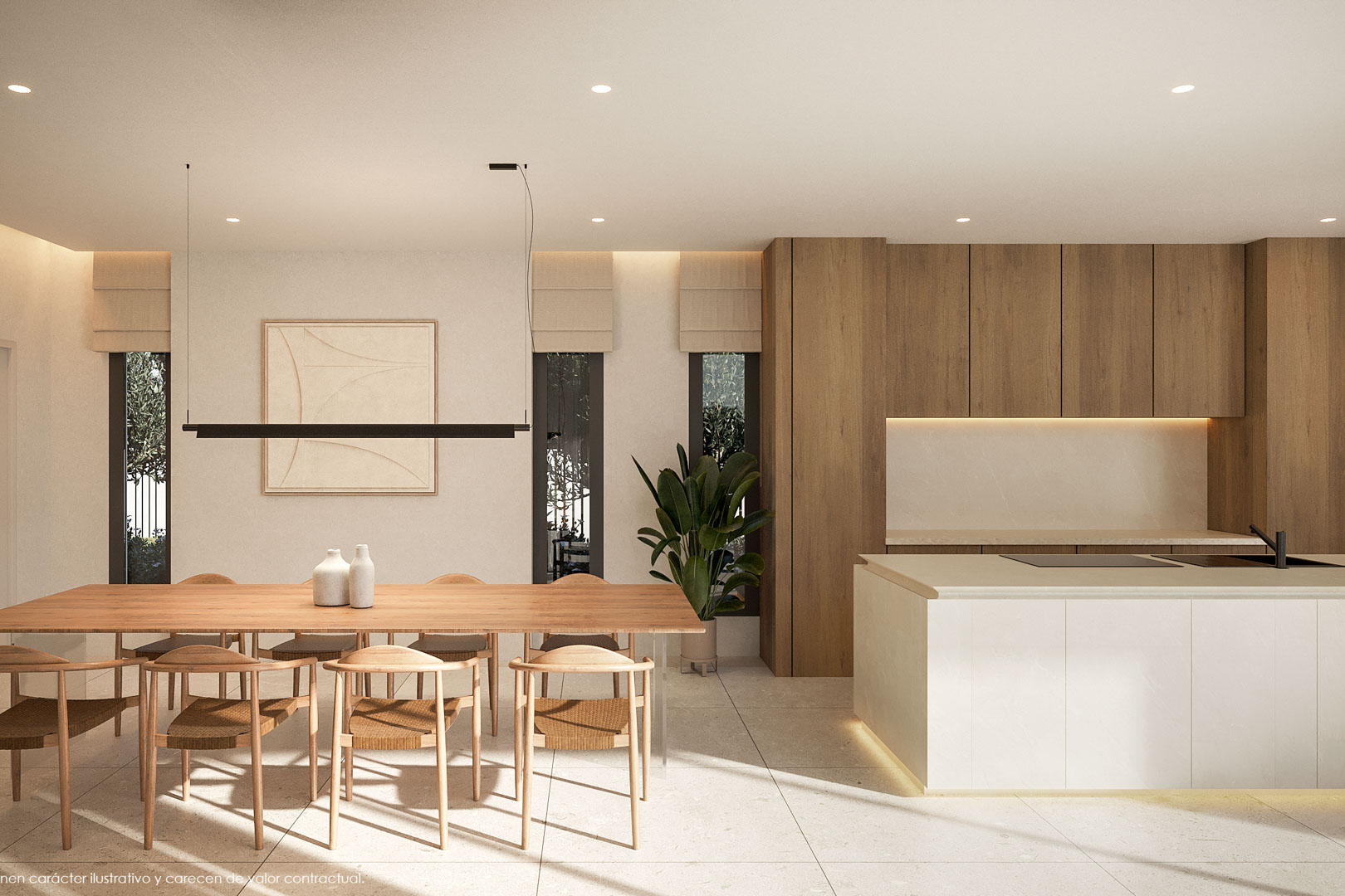 Comedor y cocina integrados con mesa de madera natural, sillas de diseño y una isla minimalista. Destacan los armarios de madera y la iluminación LED indirecta.