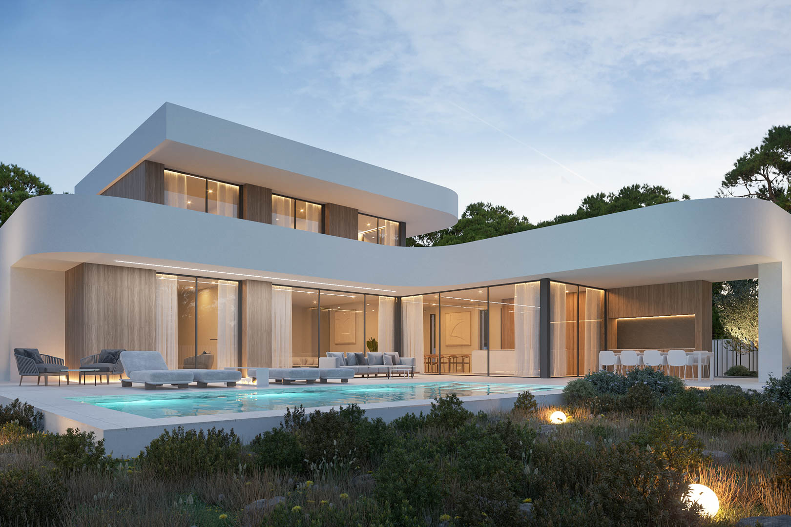 Exterior de villa moderna con fachada curva blanca, detalles en madera, piscina infinita y amplias terrazas iluminadas integradas en el paisaje.