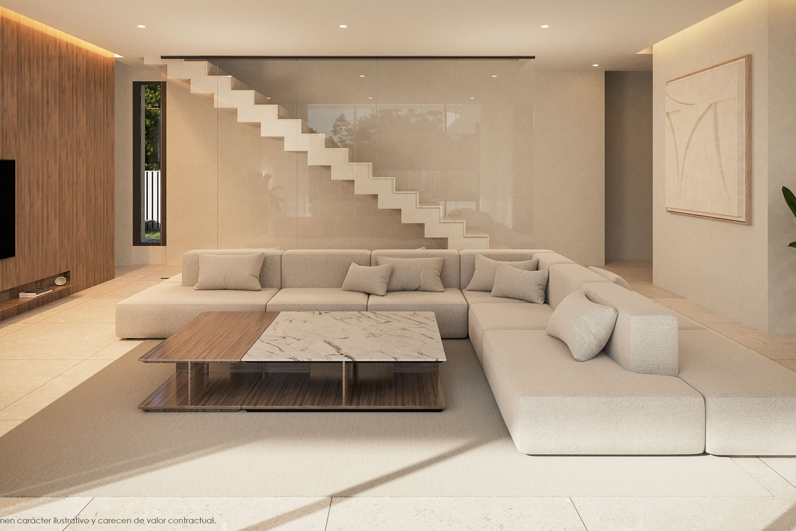 Salón de diseño con sofá modular, mesa de centro de mármol y madera, y una elegante escalera flotante protegida por un panel de vidrio estructural.