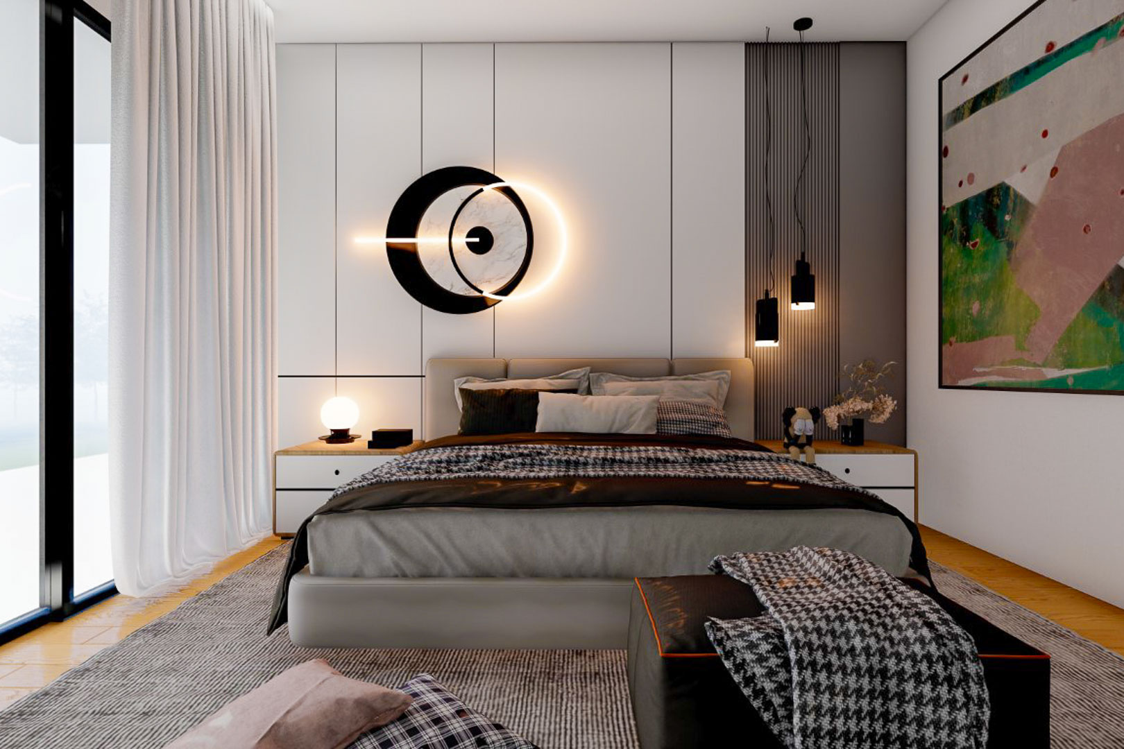 Dormitorio principal con cabecero panelado, lámparas colgantes y obra de arte abstracta.
