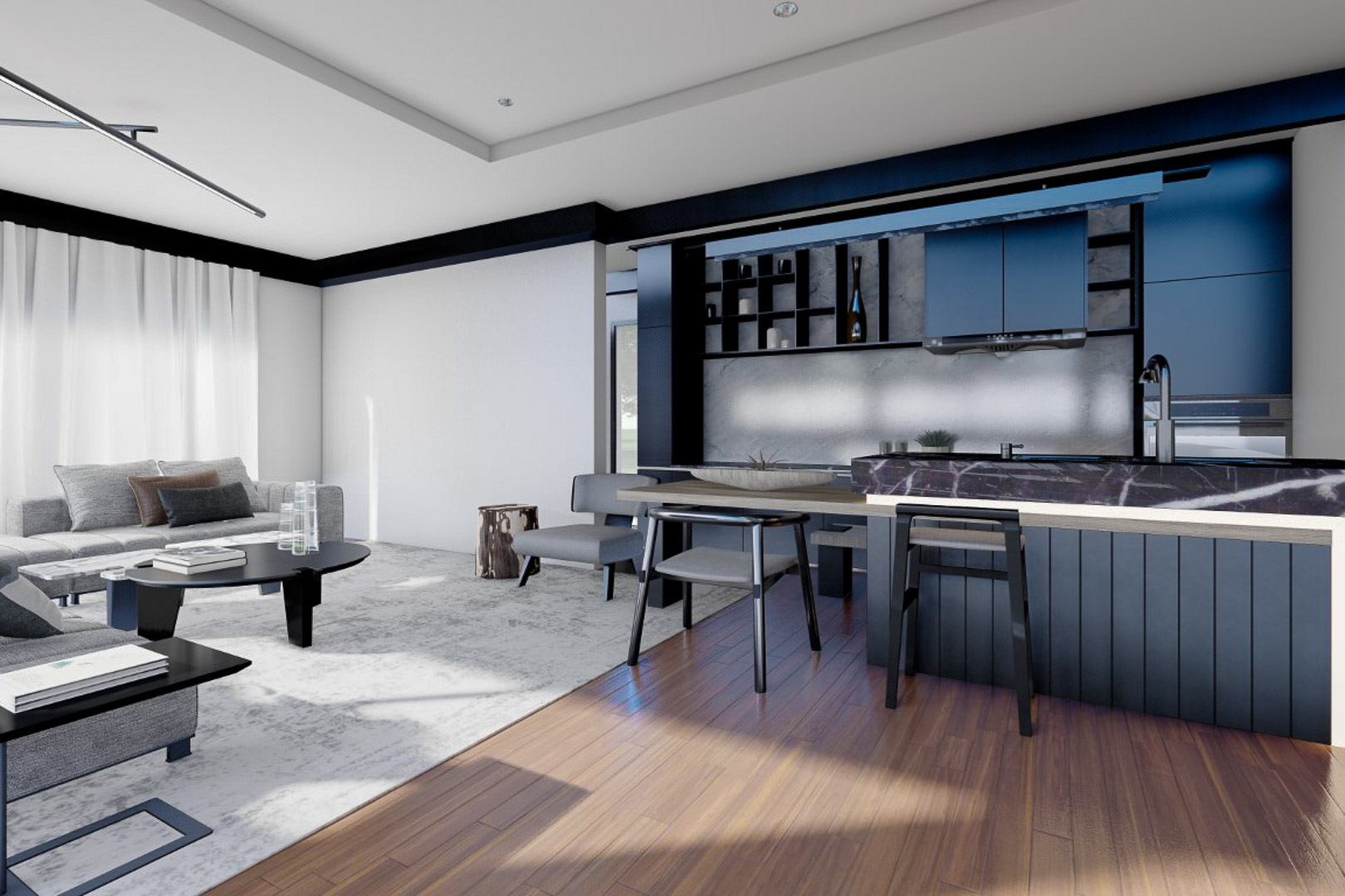 Vista del salón-comedor con cocina abierta. La isla cuenta con encimera de mármol veteado y taburetes grises.
