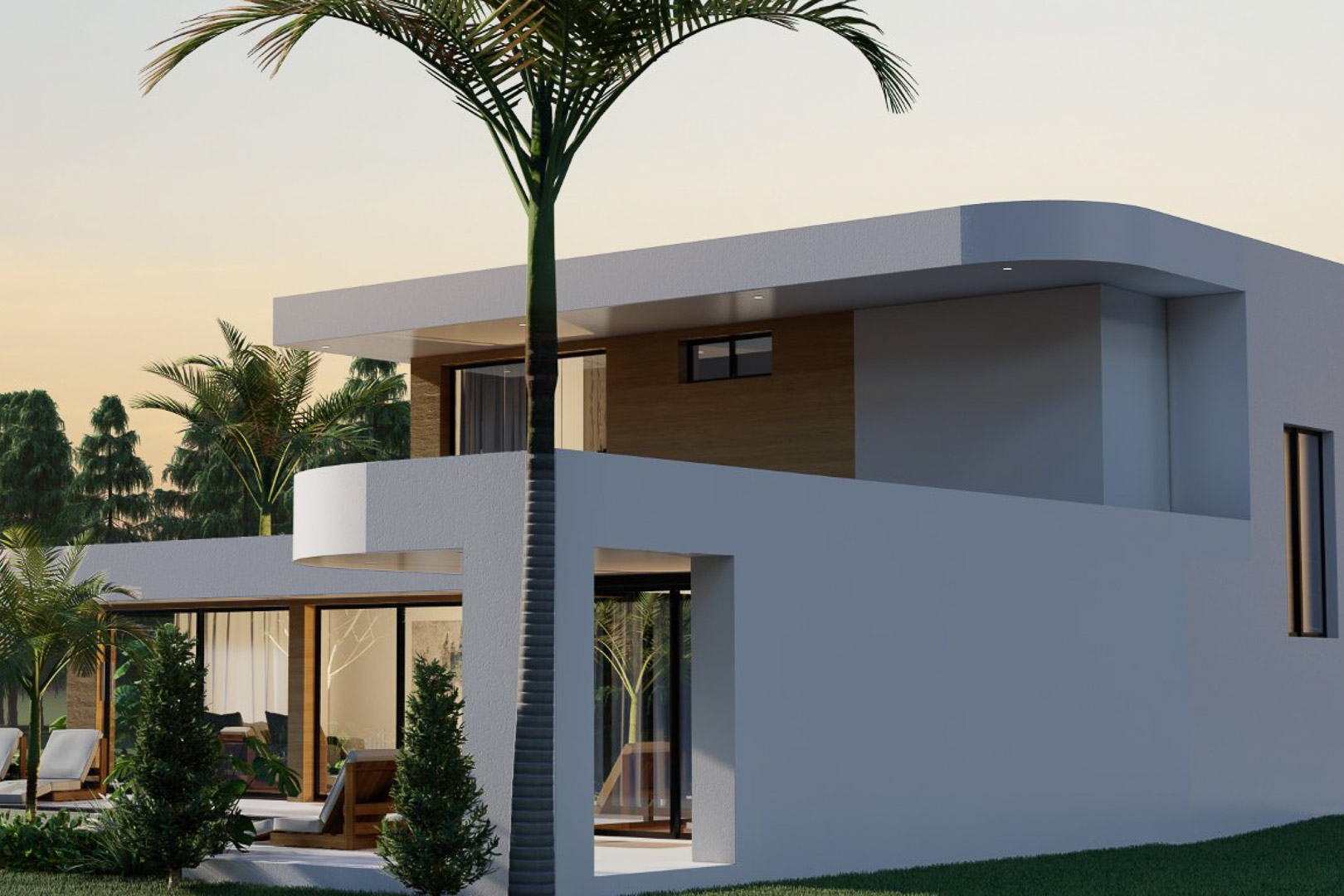 Vista exterior de la villa moderna con fachada blanca y detalles en madera, rodeada de vegetación tropical.