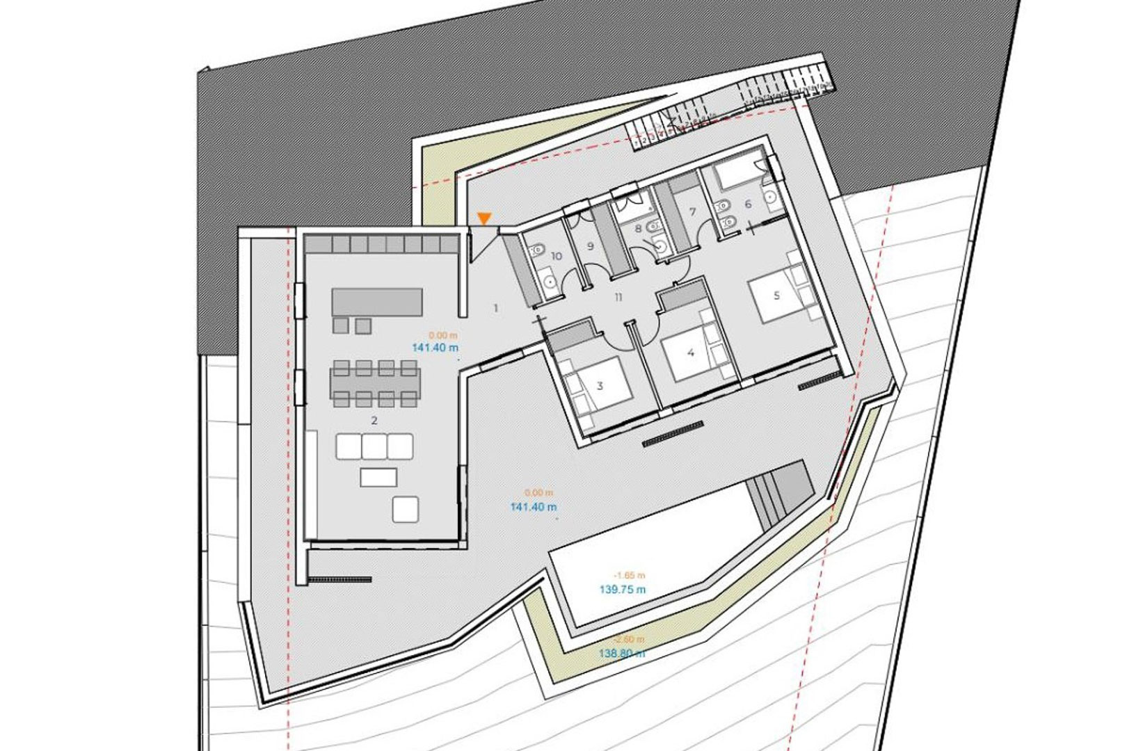 Plano detallado de la distribución de la villa, mostrando la zona de día diáfana, tres dormitorios, dos baños y la amplia terraza exterior con piscina integrada.