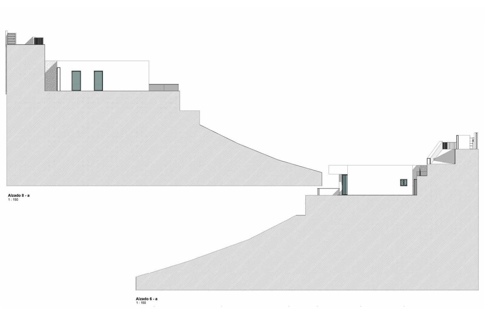Plano técnico de alzados que muestra la integración arquitectónica del chalet moderno en la topografía inclinada de la parcela.