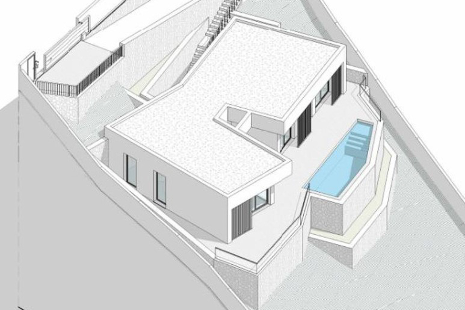 Vista isométrica del proyecto arquitectónico que muestra la distribución exterior, la terraza principal y la piscina integrada en el terreno aterrazado.