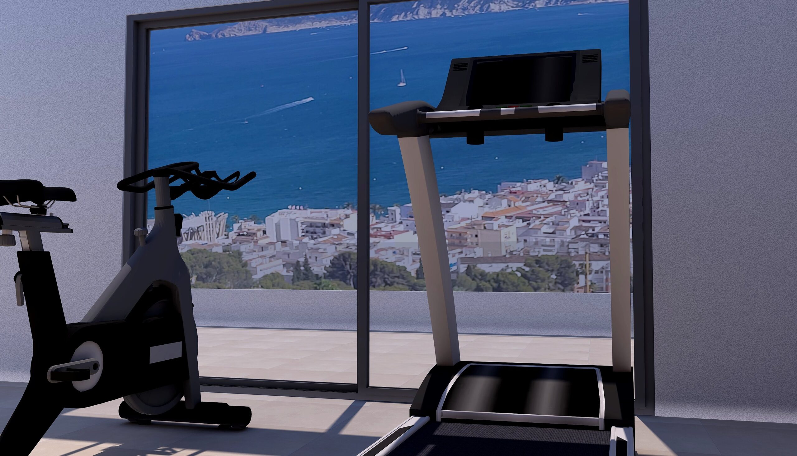 Gimnasio privado con cinta de correr y bicicleta estática, orientado hacia grandes ventanales con vistas panorámicas al puerto de Jávea y al mar Mediterráneo.
