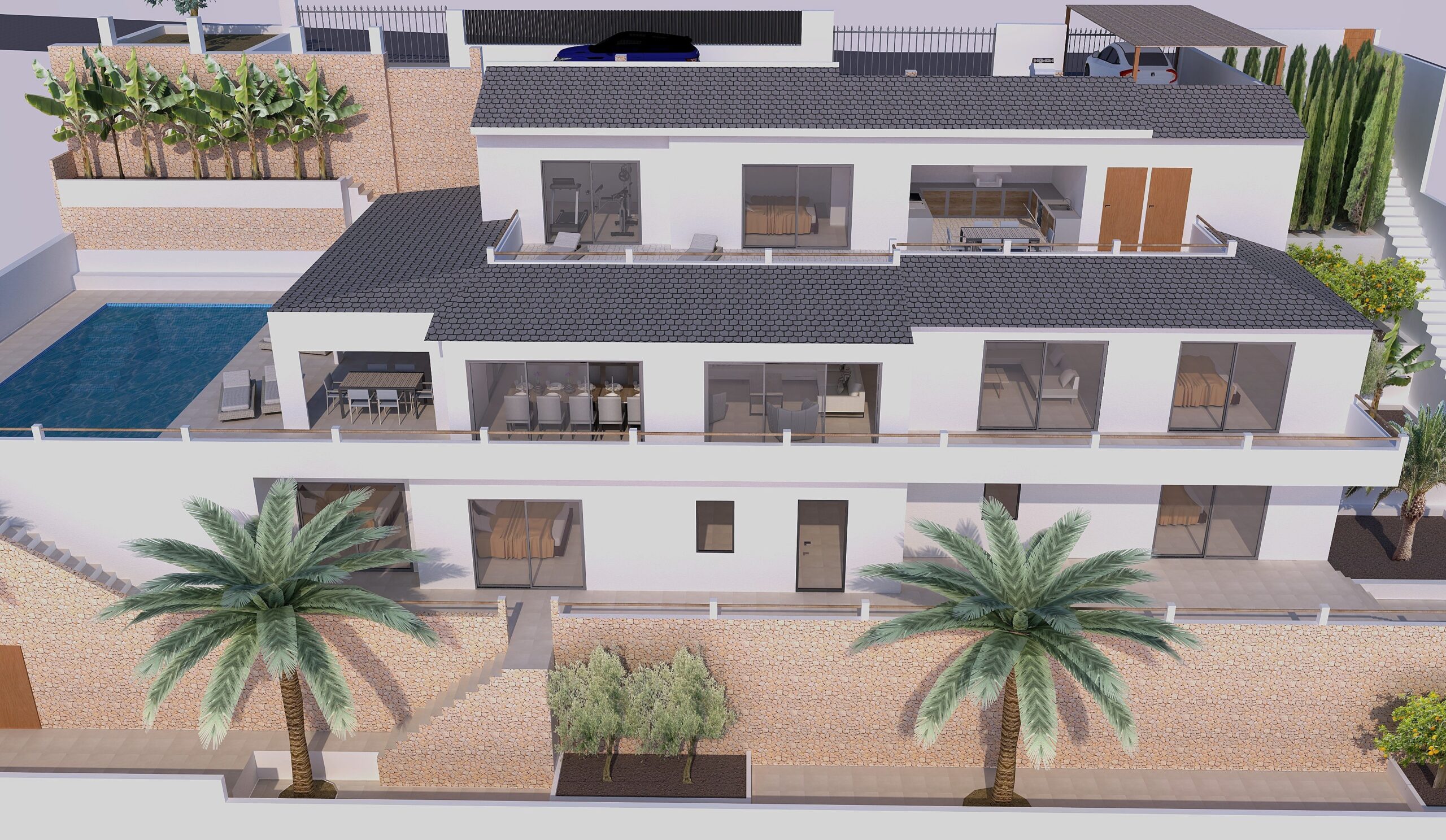 Perspectiva exterior de la villa distribuida en tres niveles, destacando las amplias terrazas con barandillas de vidrio, la piscina lateral y los muros de piedra natural.