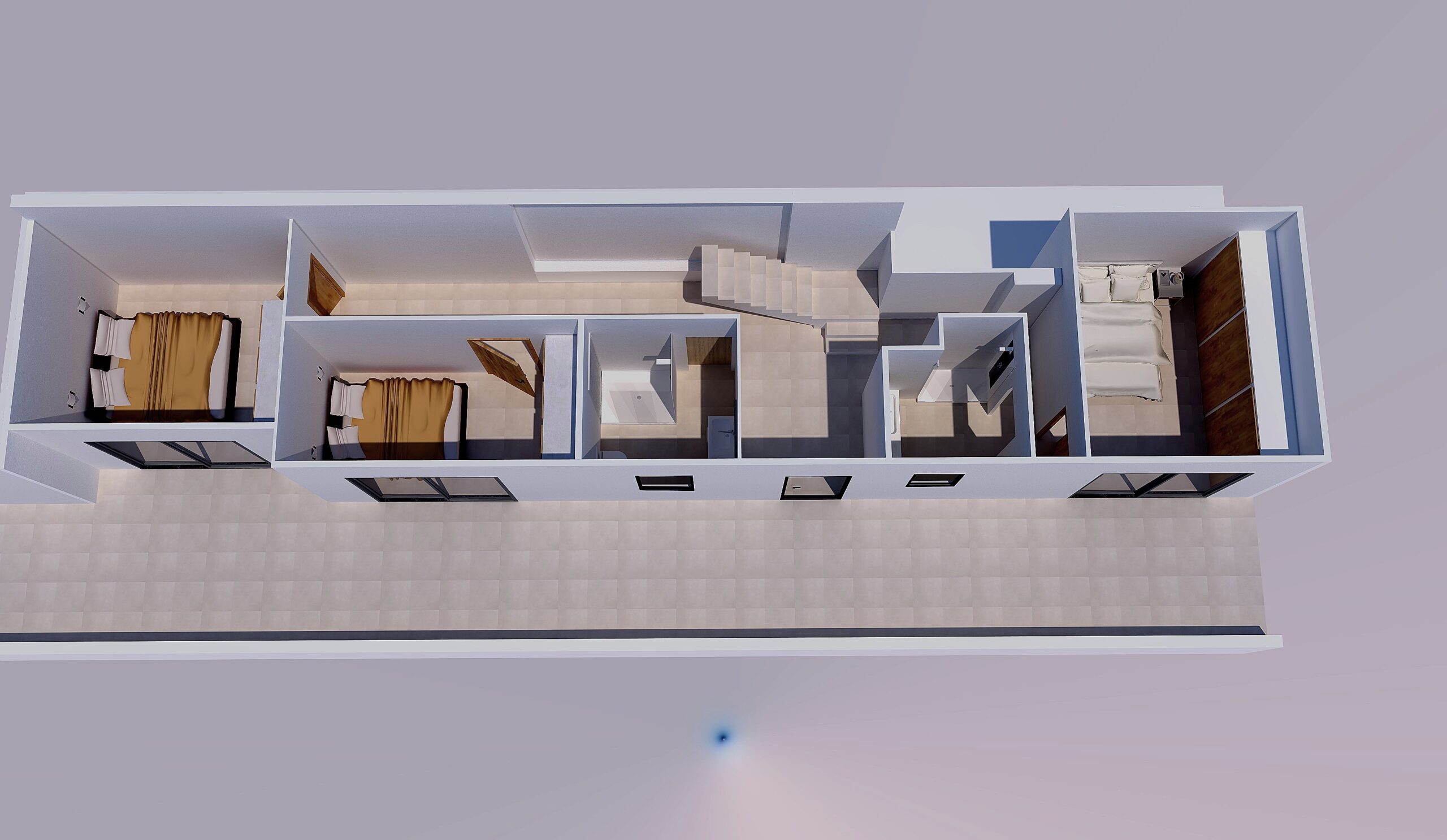 Plano 3D de la planta inferior que muestra tres dormitorios con armarios empotrados, dos baños completos y una extensa terraza lateral con acceso directo.