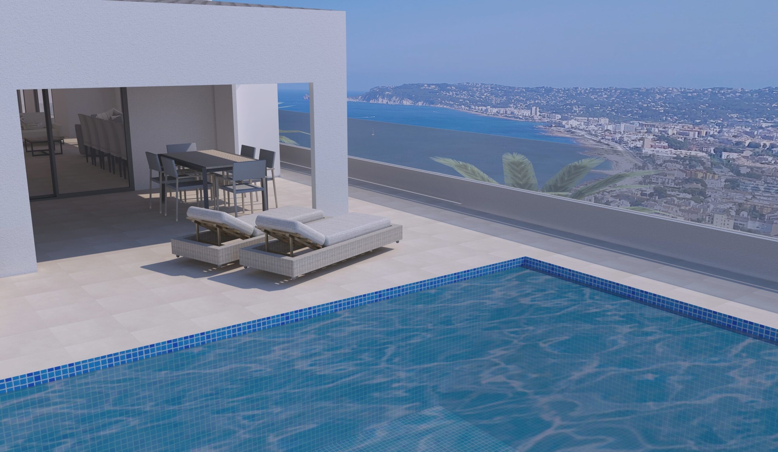 Terraza principal con piscina, zona de comedor exterior bajo porche y vistas panorámicas a la bahía de Jávea y el puerto.