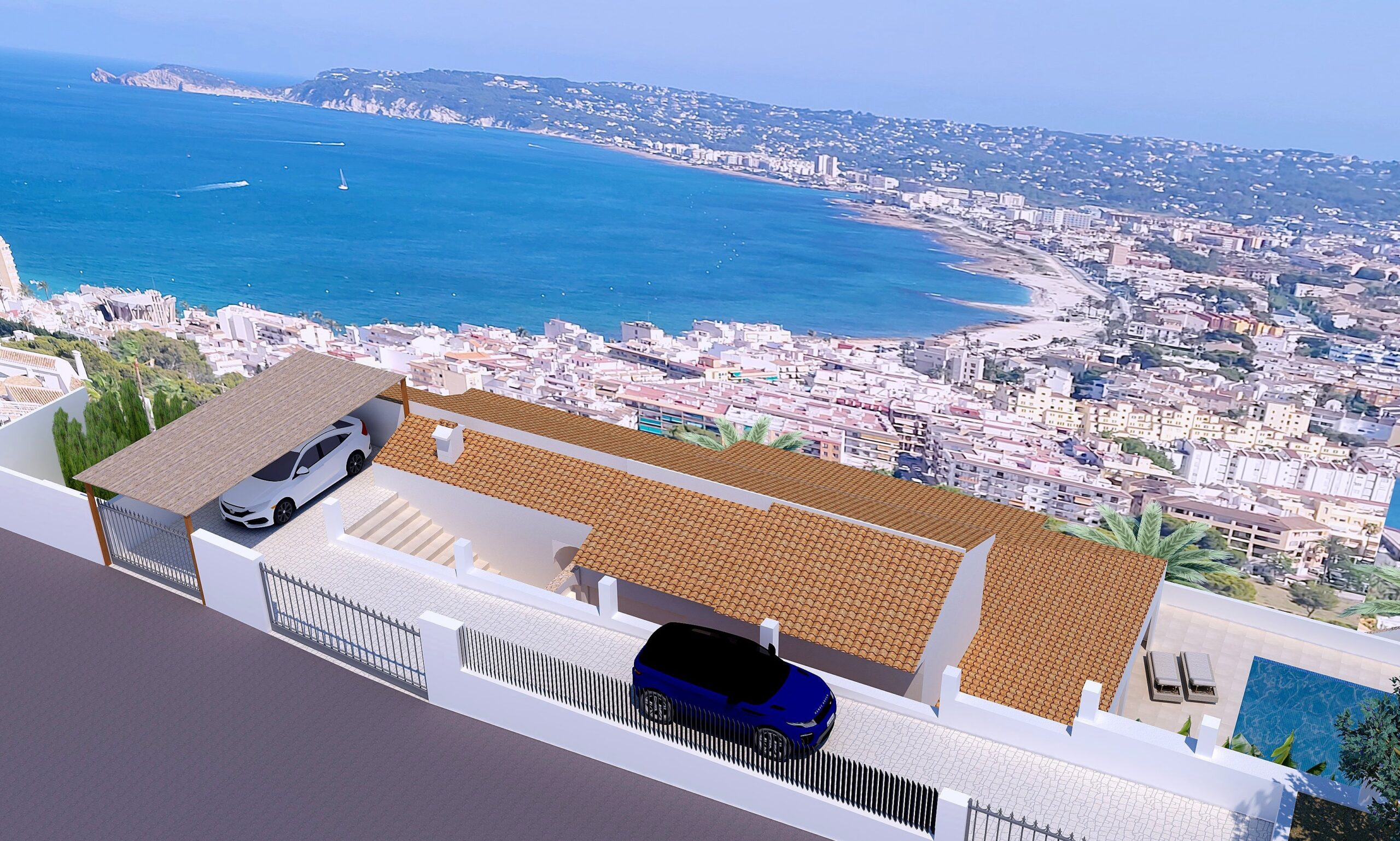 Vista aérea del acceso desde la calle con cochera, portón de seguridad y vistas panorámicas ininterrumpidas a la bahía y al puerto de Jávea.