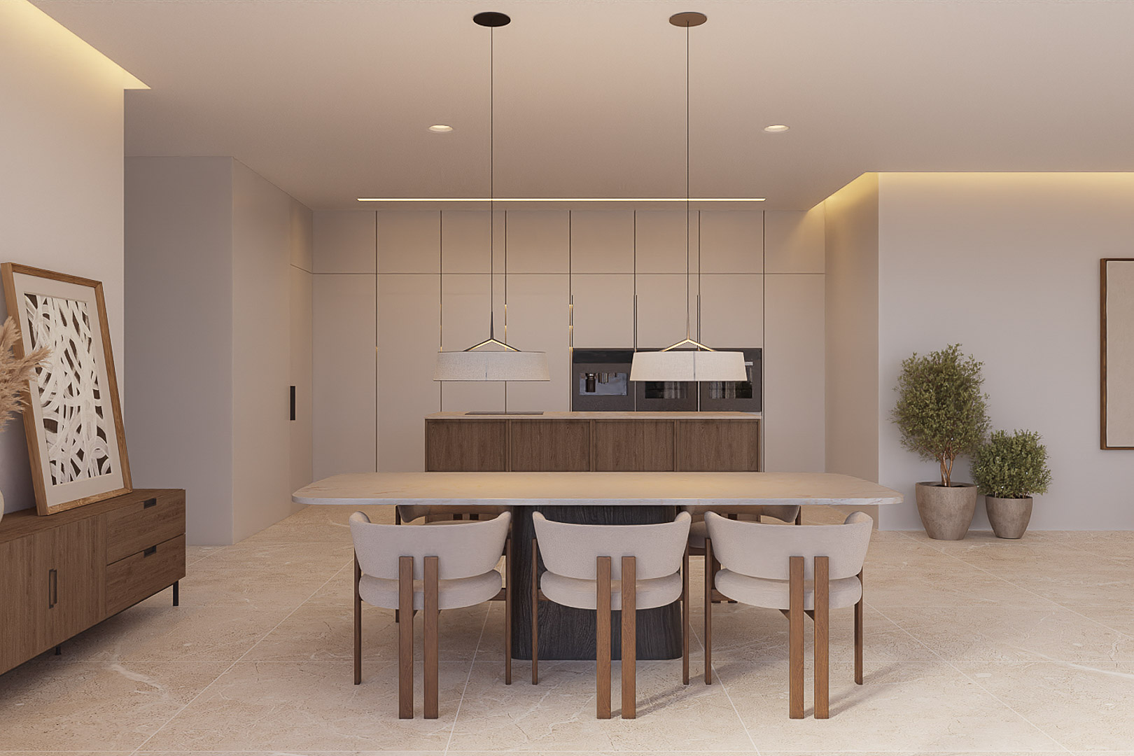 Comedor de concepto abierto con mesa de piedra, sillas de diseño y cocina minimalista integrada con electrodomésticos ocultos y suelos de piedra natural.