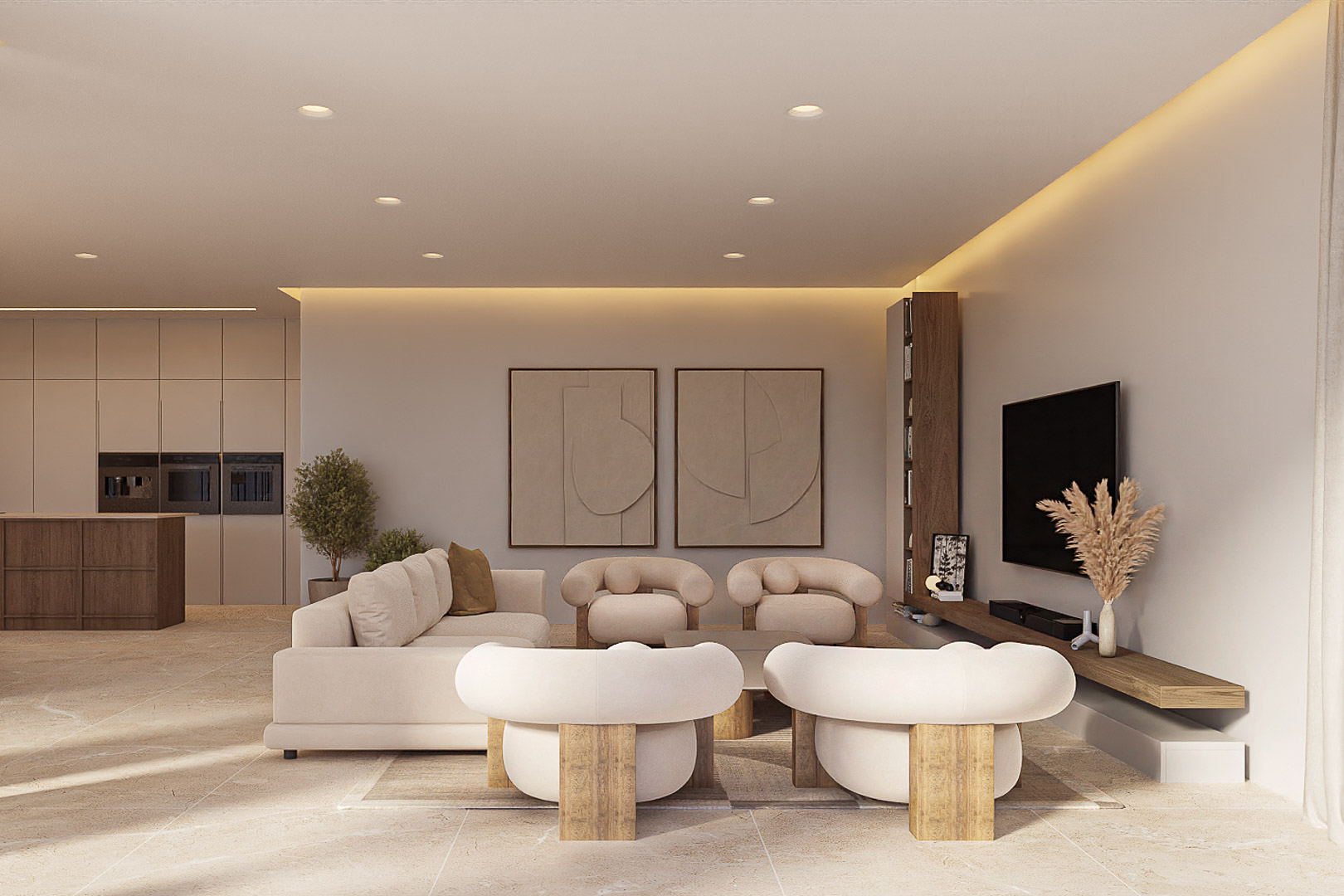 Salón de concepto abierto con mobiliario de diseño curvo, suelos de piedra natural e iluminación LED perimetral que conecta con una cocina minimalista.