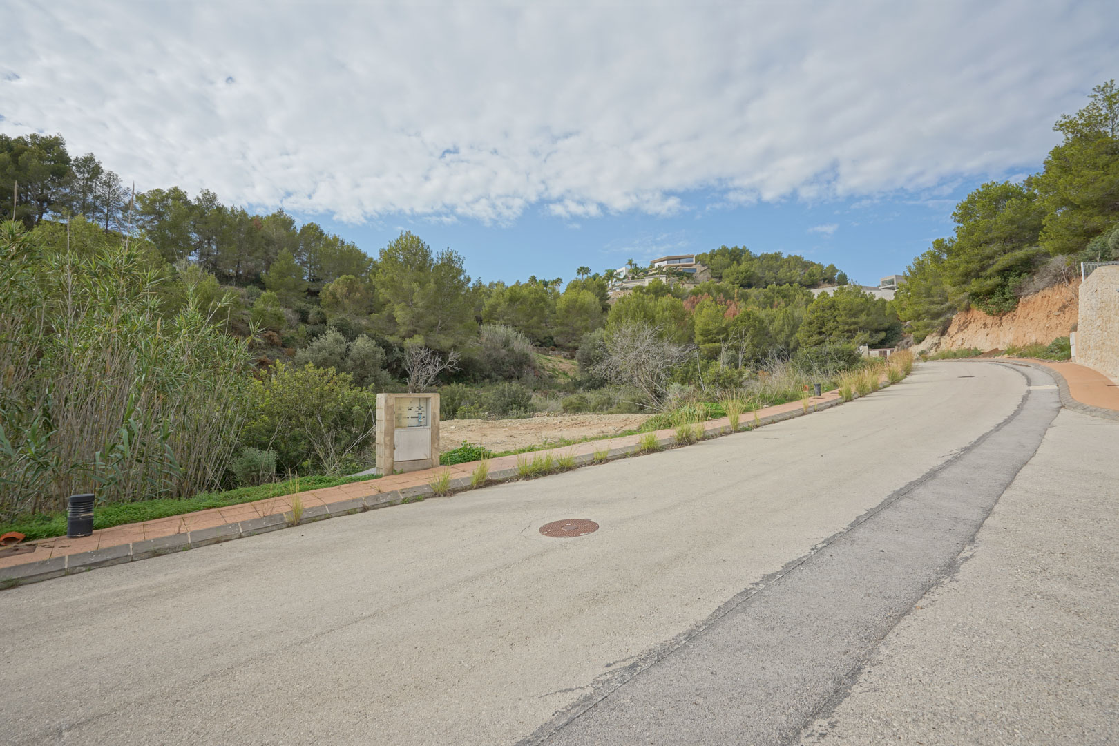 Vista de la calle de acceso asfaltada y la parcela rodeada de vegetación mediterránea en una zona residencial consolidada cerca de La Fustera.