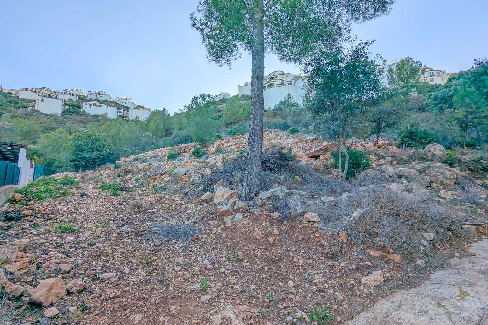 Terreno elevado en Montepego con orografía rocosa y pinos naturales, rodeado de villas blancas en la ladera bajo un cielo despejado.