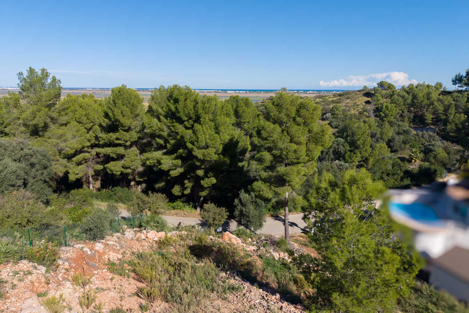 Vistas panorámicas desde la parcela elevada hacia el mar Mediterráneo y el Parque Natural de la Marjal, rodeada de pinos autóctonos y vegetación baja.