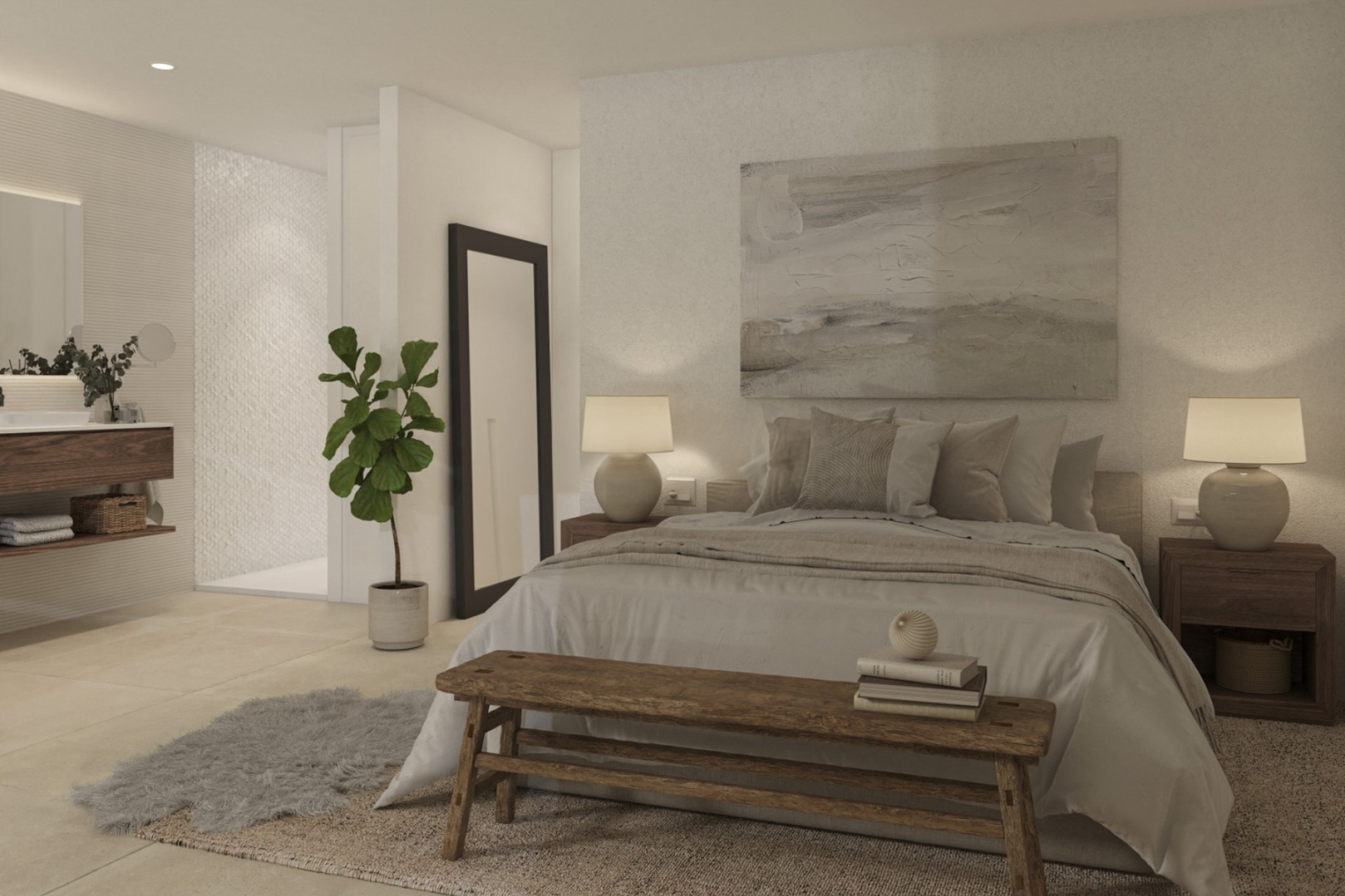 Dormitorio principal con baño integrado, mobiliario de madera natural, zona de ducha con revestimiento texturizado y una paleta de colores neutros.